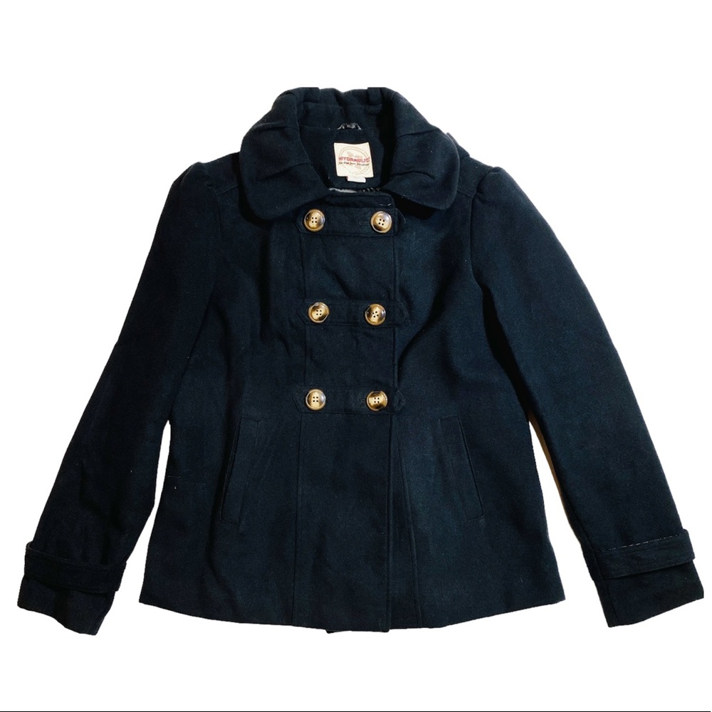 Women’s Hydraulic Black Wool Blend Double Breasted Pea Coat Size XL EUC